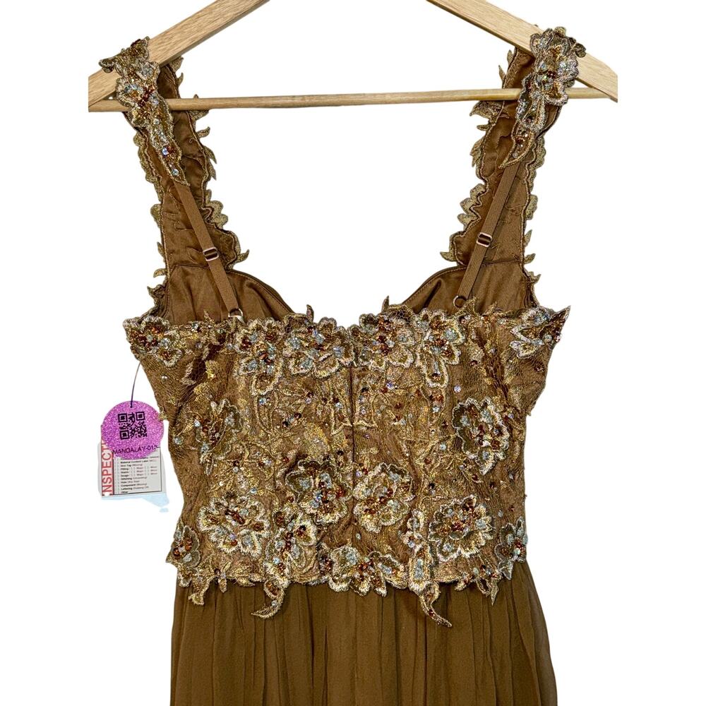 NWT Mandalay Brown Gold Lace Beaded Embellished Long Evening Gown Dress Size 6 - Picture 6 of 15